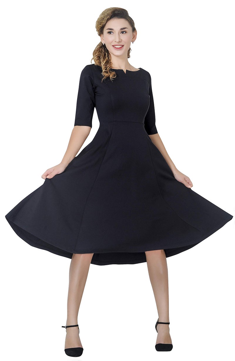 Marycrafts Women's Fit Flare Tea Midi Dress for Office Business Work 10 Black - Image 2